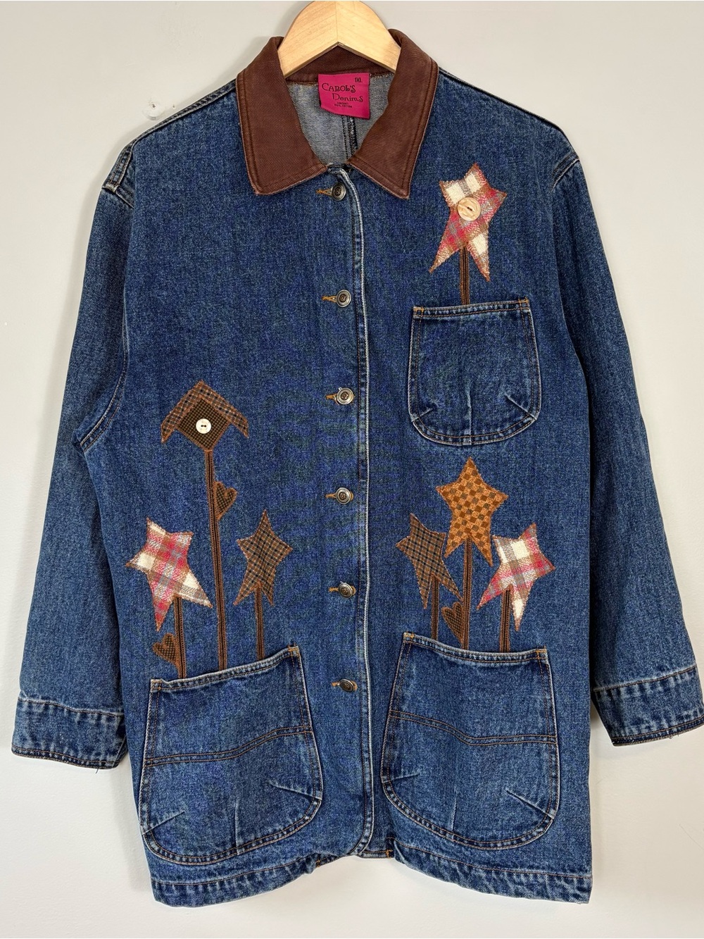 Vtg Denim Barn Coat Womens 1X Blue Denim Corduroy Trim Patchwork Stars